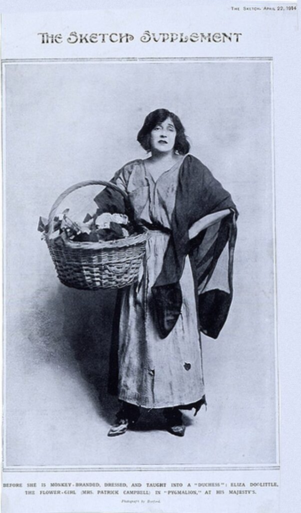 Black and white photo of a woman dress in costume with a basket of flowers