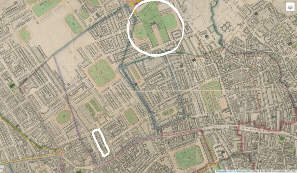 Map showing Foundling Hospital (top) and address of George Hankin (bottom left) in Bloomsbury, 1819