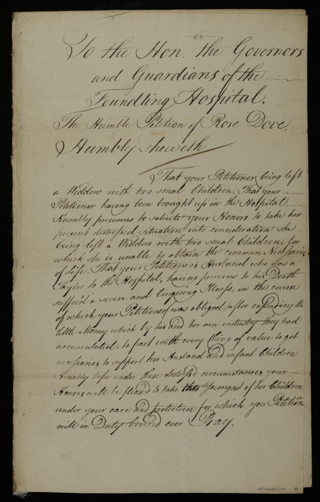 Written document showing a mother's ballot petition to ask the Foundling Hospital to admit her child