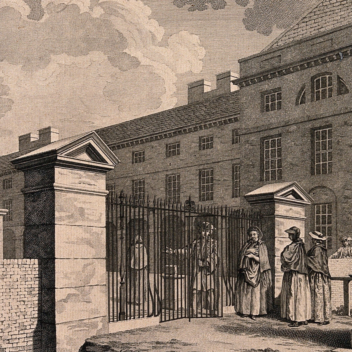 Licence: Public Domain Mark Credit: The Foundling Hospital, Holborn, London: a perspective view looking north-east at the main building, with penitent mothers arriving beside a statue of fortune. Engraving by C. Grignion and P. C. Canot after S. Wale, 1749. Wellcome Collection. Source: Wellcome Collection.